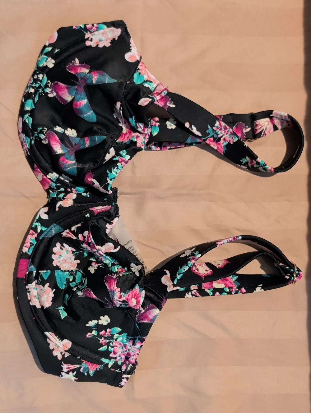 Victoria's Secret Black Floral Underwire Bra with Pink & Teal Accents